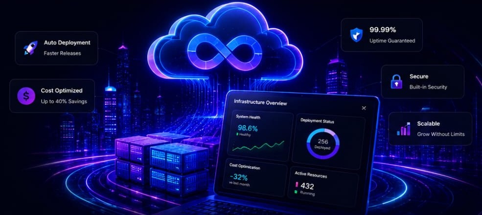 Cloud infrastructure dashboard with auto deployment, cost optimization, security and scalability highlights